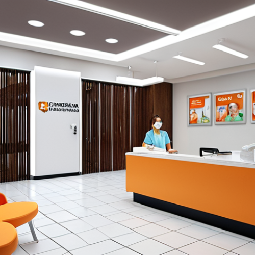 Home 14 **Modern dental clinic reception area:** A brightly lit and inviting dental clinic waiting room with comfortable seating, magazines, and a friendly receptionist. Focus on the clean and professional design with subtle branding elements.