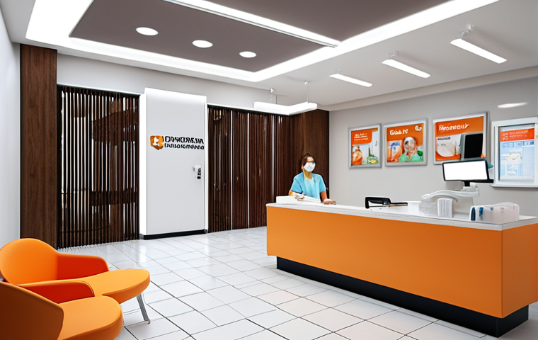 **Modern dental clinic reception area:** A brightly lit and inviting dental clinic waiting room with comfortable seating, magazines, and a friendly receptionist. Focus on the clean and professional design with subtle branding elements.