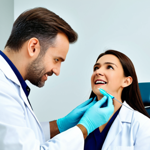 Home 9 **Prompt:** Professional dentist, fully clothed in a white coat, examining a patient in a modern dental clinic, appropriate attire, safe for work, perfect anatomy, natural proportions, professional photograph, high quality.
