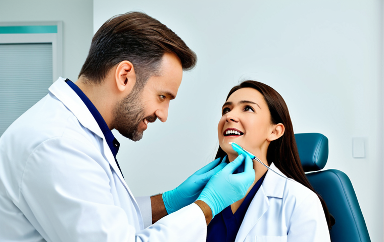 **Prompt:** Professional dentist, fully clothed in a white coat, examining a patient in a modern dental clinic, appropriate attire, safe for work, perfect anatomy, natural proportions, professional photograph, high quality.