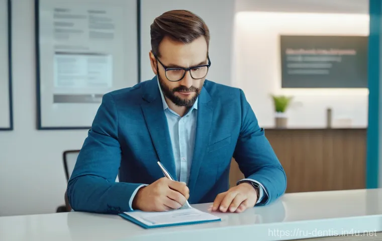 치과 의료법 주요 내용 정리 - Image Prompt 1: The Diligent Patient Reviewing a Dental Contract**