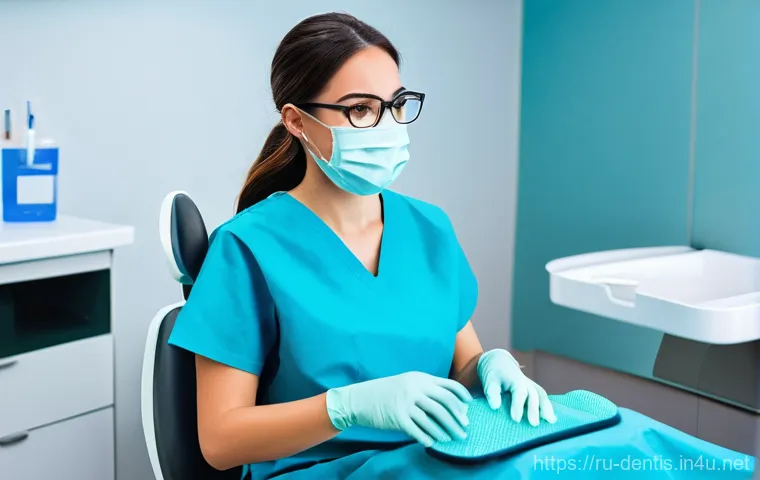 치과 감염 관리 실무 - **Prompt:** "A pristine, ultra-modern dental sterilization room. The scene is brightly lit with cool...