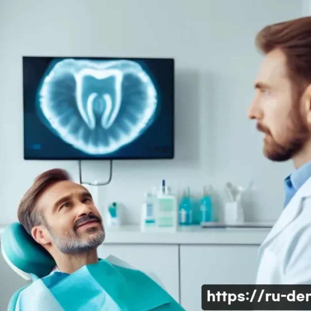 치과의사 환자 커뮤니케이션 스킬 - A calm and professional dentist attentively listening to a middle-aged Russian patient in a modern d...