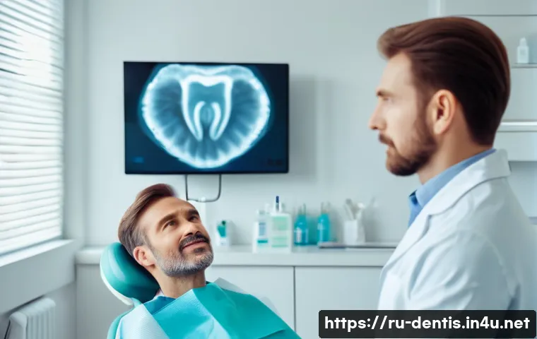 치과의사 환자 커뮤니케이션 스킬 - A calm and professional dentist attentively listening to a middle-aged Russian patient in a modern d...