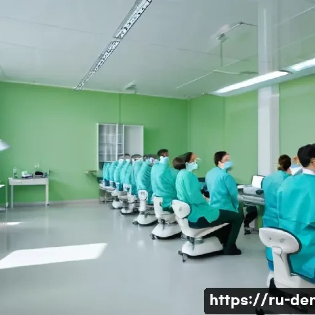 치과 임플란트 전문의가 되는 법 - A modern dental university classroom scene in Russia, showing diverse medical students attentively l...