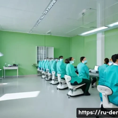 Home 33 치과 임플란트 전문의가 되는 법 - A modern dental university classroom scene in Russia, showing diverse medical students attentively l...
