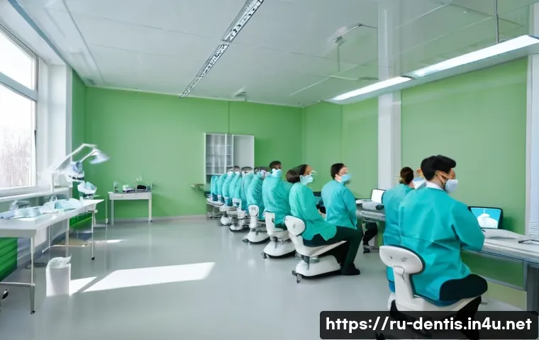 치과 임플란트 전문의가 되는 법 - A modern dental university classroom scene in Russia, showing diverse medical students attentively l...