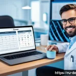 Home 20 치과의사로서 평생 학습을 실천하는 방법 - A professional dental clinic setting with a focused dentist attending an online webinar on a sleek l...
