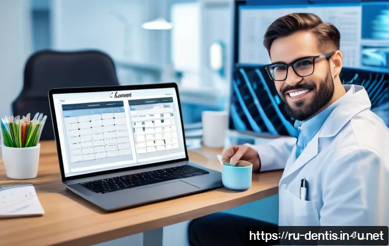 치과의사로서 평생 학습을 실천하는 방법 - A professional dental clinic setting with a focused dentist attending an online webinar on a sleek l...