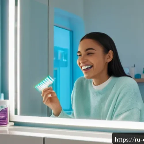 Home 31 치과 미백 치료 최신 기술 - A cozy modern bathroom scene showing a young adult woman carefully applying transparent dental white...