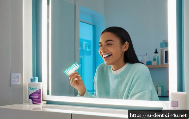 치과 미백 치료 최신 기술 - A cozy modern bathroom scene showing a young adult woman carefully applying transparent dental white...