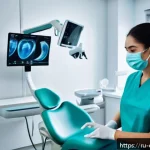 Home 23 치과의사 연차별 커리어 개발 전략 - A modern dental clinic interior showcasing a young professional dentist confidently treating a patie...